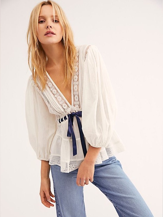 Free People Tops - Free People Favorite Romance  Ivory Lace Peasant Blouse with Navy Ribbon